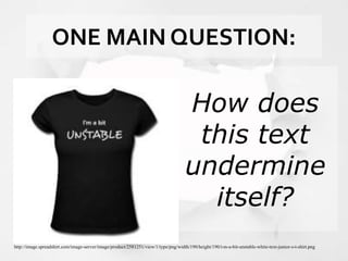 ONE MAIN QUESTION:
How does
this text
undermine
itself?
http://image.spreadshirt.com/image-server/image/product/2581251/view/1/type/png/width/190/height/190/i-m-a-bit-unstable-white-text-junior-s-t-shirt.png
 