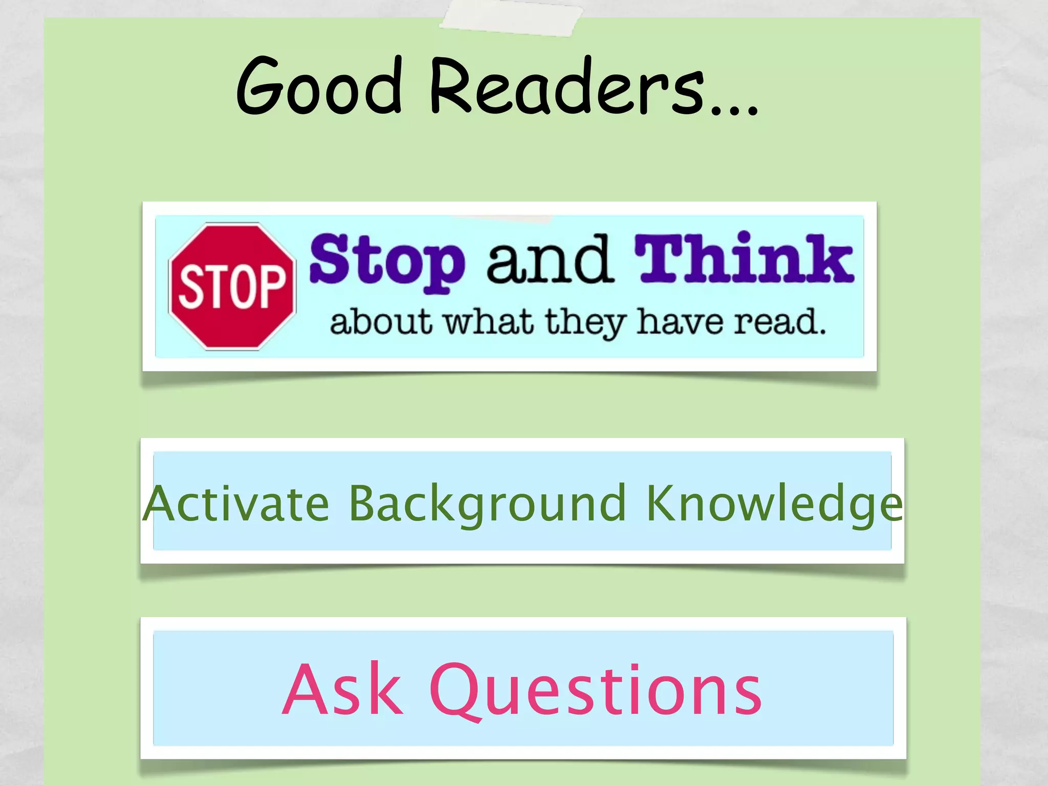 Good Readers...




Activate Background Knowledge


     Ask Questions
 