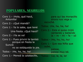POPULARES, NEGRILLOS
Coro 1:- ¡Hola, qué hacé,               para qui las monacillo
  Antonilla!                            ahora nus vega a
                                   escuchá.
Coro 2:- ¿Qué mandá?
                                 Todos: ¡Ha, ha, ha, ha!
Coro 1:- Ya lo sabe, que tené
                                 Coro 2:- Este sí quiso mijió
       Una fiesta. ¿Qué hacé?
                                         cantando y bailando
Coro 2:- ¡Ya se ve!                      la – re – mi – fa – só
Coro 1:- Pues privini la tambó Todos:- ¡Ho, ho, ho, ho!
        porque en fiesta la
                                Coro 1:- Que esa Niña que
  Sunció
                                  sube,
        no se estáqueda la pie.
                                        palese,
Todos:- ¡He, he, he, he!                palese muy bé.
Coro 1:- Meneá la calabacillo,   Todos:- ¡Le, le, le, le!
 