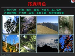 路線特色 沿途冷杉林、吊橋、瀑布、雲海、大草原、高山箭竹、 台灣紅榨槭 、白木林…等等，美景不斷、視野開闊欣賞 