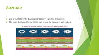 Aperture
 size of the hole in the diaphragm that allows light into the camera
 The larger the hole, the more light that enters the camera in a given time.
 