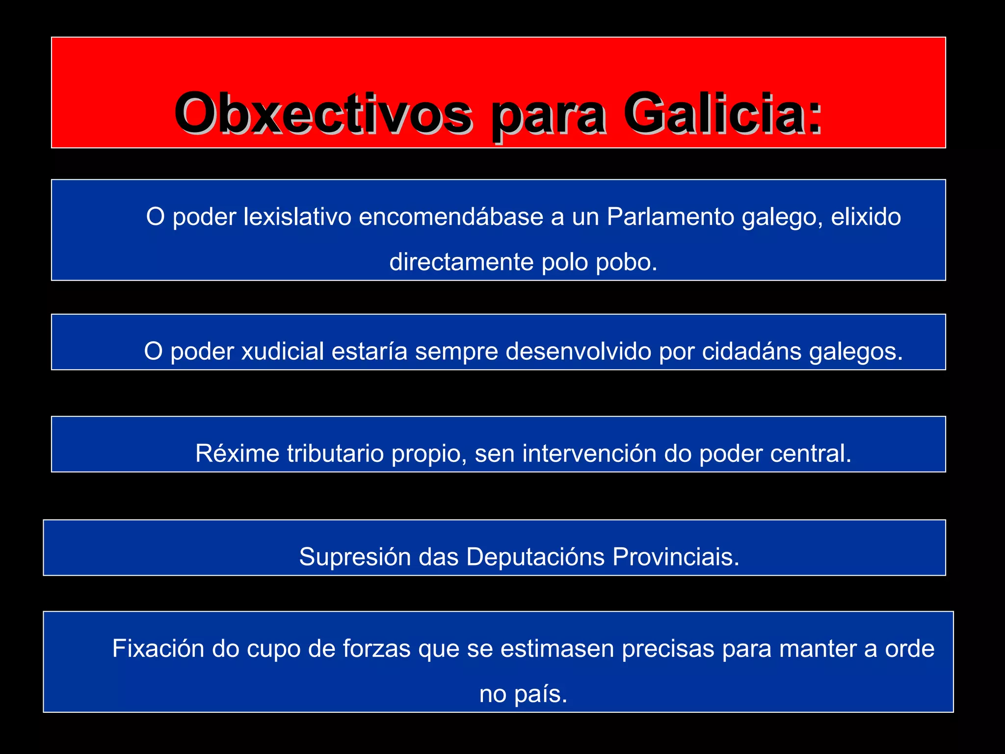Obxectivos para Galicia:
O poder lexislativo encomendábase a un Parlamento galego, elixido
directamente polo pobo.
O poder xudicial estaría sempre desenvolvido por cidadáns galegos.

Réxime tributario propio, sen intervención do poder central.

Supresión das Deputacións Provinciais.

Fixación do cupo de forzas que se estimasen precisas para manter a orde
no país.

 