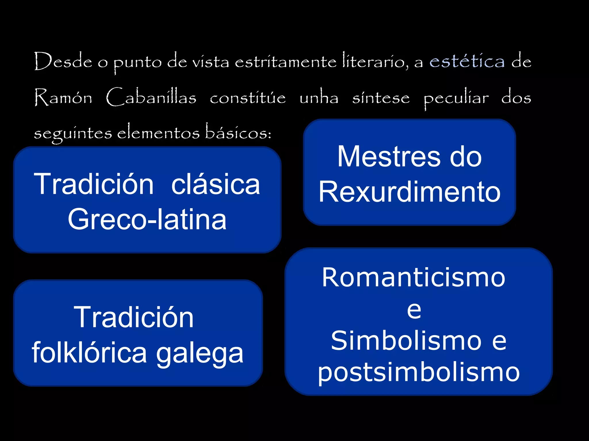 Desde o punto de vista estritamente literario, a estética de
Ramón Cabanillas constitúe unha síntese peculiar dos
seguintes elementos básicos:

Tradición clásica
Greco-latina
Tradición
folklórica galega

Mestres do
Rexurdimento
Romanticismo
e
Simbolismo e
postsimbolismo

 