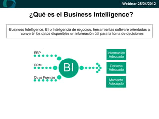 Webinar 25/04/2012


            ¿Qué es el Business Intelligence?

Business Intelligence, BI o Inteligencia de negocios, herramientas software orientadas a
      convertir los datos disponibles en información útil para la toma de decisiones
 