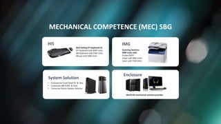 7
MECHANICAL COMPETENCE (MEC) SBG
HIS
Best Selling DT Keyboard #1
DT Keyboard sold 40M Units
NB Keyboard sold 25M Units
Mouse sold 30M Units
IMG
Scanning Solution
60M Units sold.
Printer/MFP
Inkjet sold 40M Units
Laser sold 15M Units
System Solution
• Commercial Small Sized PC & Box
• Customize x86 PCBA & Card
• Consumer Stylish System Solution
Enclosure
World #2 mechanical solution provider
 