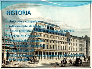 HISTORIA Unión de 3 compañías Fallecimiento de Molière (1673) Fusión L’Illustre Thèâtre – Thèâtre du Marais Thèâtre du Génegaud Compañía du Génegaud 1680    Año de fundación Orden de Luís XIV Fusión Génegaud – Les Comediens du Roi de l’Hôtel de Bourgougne 