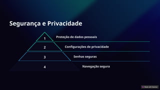 Segurança e Privacidade
1 Proteção de dados pessoais
2 Configurações de privacidade
3 Senhas seguras
4 Navegação segura
 