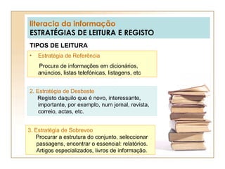literacia da informação ESTRATÉGIAS DE LEITURA E REGISTO TIPOS DE LEITURA Estratégia de Referência   Procura de informações em dicionários, anúncios, listas telefónicas, listagens, etc 2. Estratégia de Desbaste   Registo daquilo que é novo, interessante, importante, por exemplo, num jornal, revista, correio, actas, etc. 3. Estratégia de Sobrevoo Procurar a estrutura do conjunto, seleccionar passagens, encontrar o essencial: relatórios. Artigos especializados, livros de informação. 