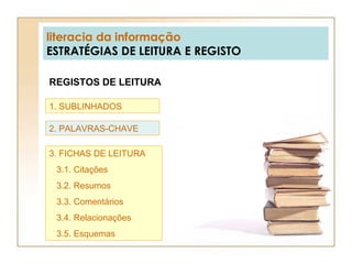 literacia da informação ESTRATÉGIAS DE LEITURA E REGISTO REGISTOS DE LEITURA 1. SUBLINHADOS 2. PALAVRAS-CHAVE  3. FICHAS DE LEITURA 3.1. Citações 3.2. Resumos 3.3. Comentários 3.4. Relacionações 3.5. Esquemas 