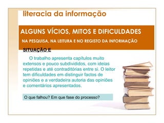 literacia da informação ALGUNS VÍCIOS, MITOS E DIFICULDADES NA PESQUISA, NA LEITURA E NO REGISTO DA INFORMAÇÃO SITUAÇÃO E O trabalho apresenta capítulos muito extensos e pouco subdivididos, com ideias repetidas e até contraditórias entre si. O leitor tem dificuldades em distinguir factos de opiniões e a verdadeira autoria das opiniões e comentários apresentados. O que falhou? Em que fase do processo? 