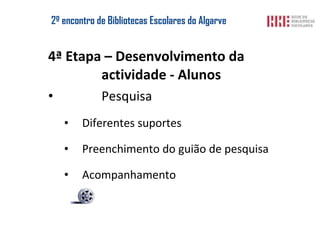2º encontro de  Bibliotecas Escolares  do Algarve 4ª Etapa – Desenvolvimento da actividade - Alunos Pesquisa Diferentes suportes Preenchimento do guião de pesquisa Acompanhamento 