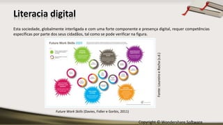 Copyright © Wondershare Software
Esta sociedade, globalmente interligada e com uma forte componente e presença digital, requer competências
específicas por parte dos seus cidadãos, tal como se pode verificar na figura.
Literacia digital
Future Work Skills (Davies, Fidler e Gorbis, 2011)
Fonte:LoureiroeRocha(s.d.)
 