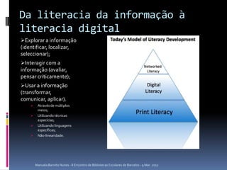 Da literacia da informação à
literacia digital
Explorar a informação
(identificar, localizar,
seleccionar);
Interagir com a
informação (avaliar,
pensar criticamente);
Usar a informação
(transformar,
comunicar, aplicar).
        Através de múltiplos
         meios;
        Utilizando técnicas
         especícias;
        Utilizando linguagens
         específicas;
        Não-linearidade.




        Manuela Barreto Nunes - II Encontro de Bibliotecas Escolares de Barcelos - 9 Mar. 2012
 