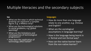 Multiple literacies and the secondary subjects
tas
• What are the ways in which technical
drawing can represent a complex
figure; e.g. a Möbius strip?
• What are the technological solutions
to social problems, e.g. global
warming?
• What are the limitations and
consequences of technological
progression?
• How does the application of
technology affect belief?
languages
• How do more than one language
relate to one another, e.g. Chinese
and English?
• What are the sociological
assumptions in language learning?
• How is the language being learnt in
a formal and non formal way?
• How can the native learner learn
from the non-native learner?
 