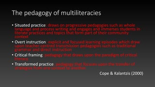 The pedagogy of multiliteracies
• Situated practice: draws on progressive pedagogies such as whole
language and process writing and engages and immerses students in
literate practices and topics that form part of their community
context
• Overt instruction: explicit and focused learning episodes which draw
upon teacher-centred transmission pedagogies such as traditional
grammar and direct instruction
• Critical framing: pedagogy that draws upon the paradigm of critical
literacy
• Transformed practice: pedagogy that focuses upon the transfer of
strategies from one context to another.
Cope & Kalantzis (2000)
 