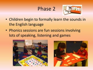 Phase 2 
• Children begin to formally learn the sounds in 
the English language 
• Phonics sessions are fun sessions involving 
lots of speaking, listening and games 
 