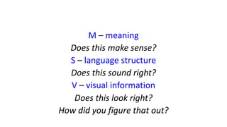 M – meaning
Does this make sense?
S – language structure
Does this sound right?
V – visual information
Does this look right?
How did you figure that out?
 