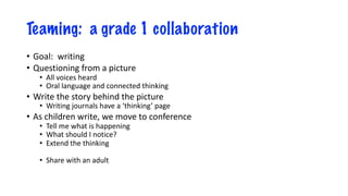 Teaming: a grade 1 collaboration
• Goal: writing
• Questioning from a picture
• All voices heard
• Oral language and connected thinking
• Write the story behind the picture
• Writing journals have a ‘thinking’ page
• As children write, we move to conference
• Tell me what is happening
• What should I notice?
• Extend the thinking
• Share with an adult
 