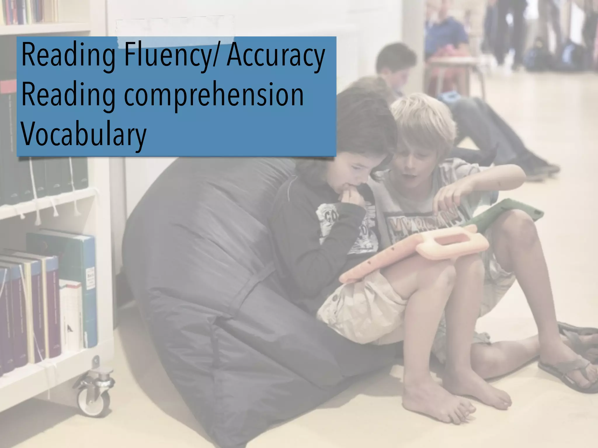 Reading Fluency/ Accuracy
Reading comprehension
Vocabulary
 