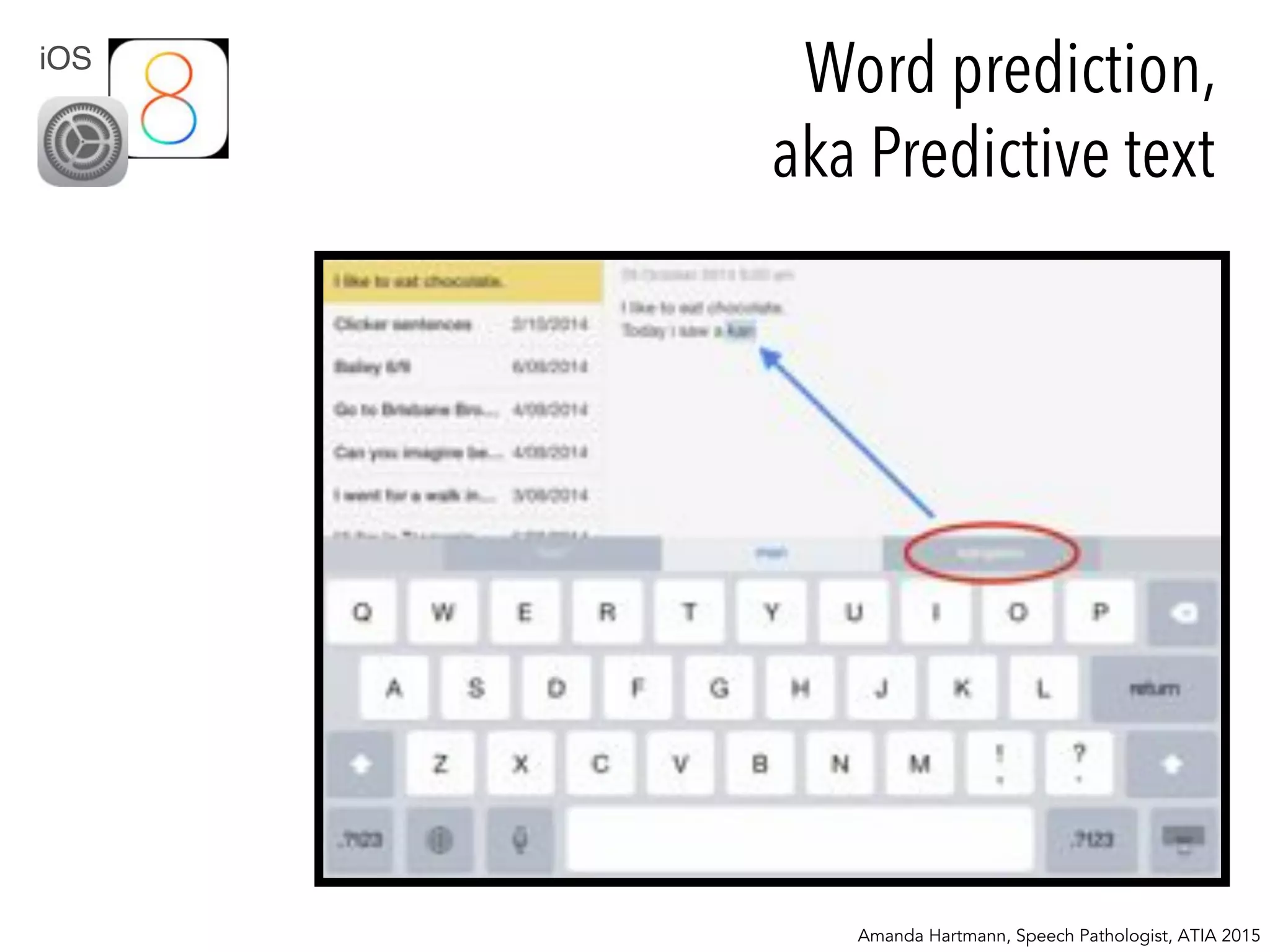 Amanda Hartmann, Speech Pathologist, ATIA 2015
iOS
Word prediction,
aka Predictive text
 