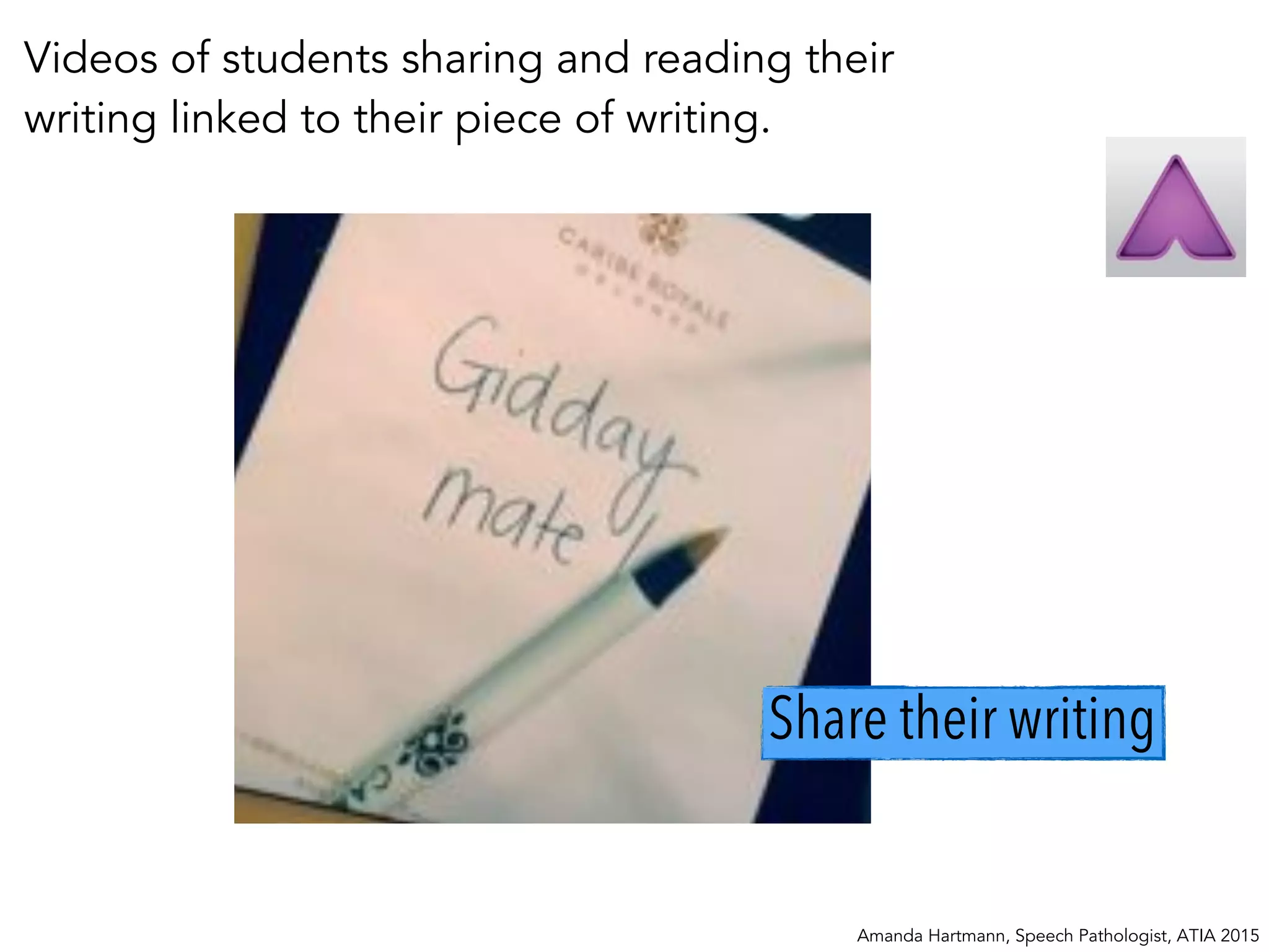 Amanda Hartmann, Speech Pathologist, ATIA 2015
Share their writing
Videos of students sharing and reading their
writing linked to their piece of writing.
 