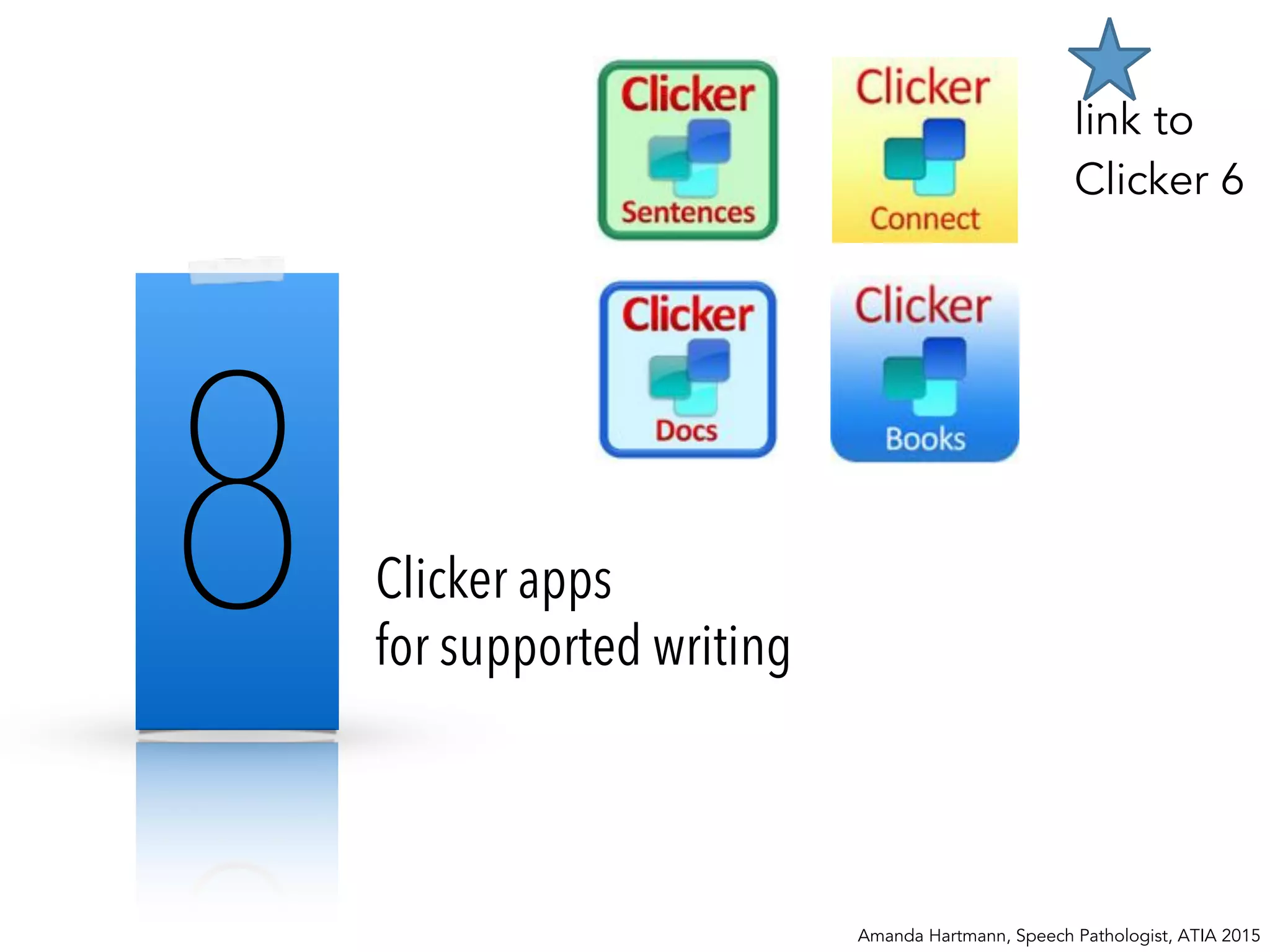 Clicker apps
for supported writing
Amanda Hartmann, Speech Pathologist, ATIA 2015
8
link to
Clicker 6
 