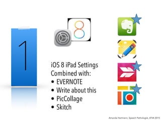 1 iOS 8 iPad Settings
Combined with:
• EVERNOTE
• Write about this
• PicCollage
• Skitch
Amanda Hartmann, Speech Pathologist, ATIA 2015
 
