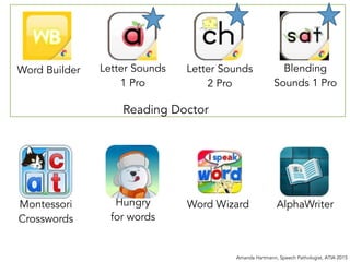 Amanda Hartmann, Speech Pathologist, ATIA 2015
Word WizardMontessori
Crosswords
Letter Sounds
1 Pro
Letter Sounds
2 Pro
Blending
Sounds 1 Pro
Hungry
for words
Word Builder
AlphaWriter
Reading Doctor
 