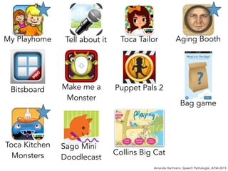 Amanda Hartmann, Speech Pathologist, ATIA 2015
Bag game
Collins Big Cat
Puppet Pals 2
Aging BoothToca Tailor
Sago Mini
Doodlecast
My Playhome
Make me a
Monster
Toca Kitchen
Monsters
Tell about it
Bitsboard
 