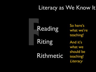 Literacy as We Know It R Reading Riting Rithmetic So here’s what we’re teaching! And it’s what we should be teaching!  Literacy 