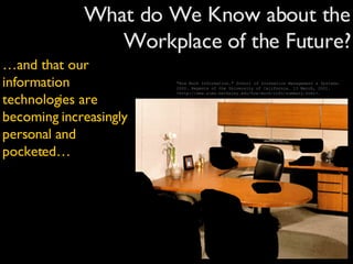 What do We Know about the Workplace of the Future? "How Much Information."  School of Inormation Management & Systems . 2000. Regents of the University of California. 13 March, 2001. <http://www.sims.berkeley.edu/how-much-info/summary.html>. … and that our information technologies are becoming increasingly personal and pocketed… 