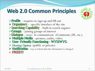 06/03/09 Dr. Ludmila Smirnova, Ph. D  MSMC Profile   - requires to sign up and fill out    Organizers   –  specific interface of the site Searching Capability   - built in search engines Groups  - joining groups of interest Dialogue  – ways  to communicate  (Comments, DF, etc.)    Multiple Media  – pictures, audio, video  User- Friendly Functioning - WYSIWYG   Sharing Option  (public or private)   Notification  -  way to inform that the information is changed  FREE!!!   