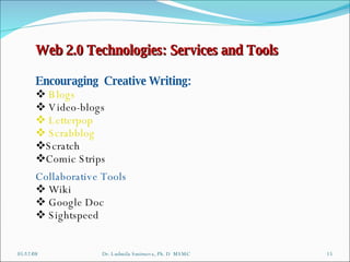 06/03/09 Dr. Ludmila Smirnova, Ph. D  MSMC Web 2.0 Technologies: Services and Tools Encouraging  Creative Writing: Blogs  Video-blogs  Letterpop  Scrabblog Scratch Comic Strips  Collaborative Tools Wiki Google Doc Sightspeed  