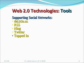 06/03/09 Dr. Ludmila Smirnova, Ph. D  MSMC Supporting Social Networks:  del.icio.us    RSS  Ning  Twitter Tapped In Web 2.0 Technologies:  Tools   