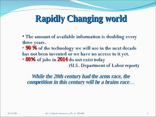 06/03/09 Dr. Ludmila Smirnova, Ph. D  MSMC Rapidly Changing world The amount of available information is doubling every three years. 90 %   of the technology we will use in the next decade has not been invented or we have no access to it yet. 80%  of jobs in  2014   do not exist today (U.S. Department of Labor report) While the 20th century had the arms race, the competition in this century will be a brains race… 