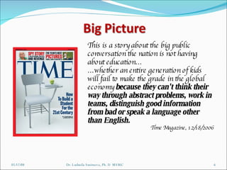 06/03/09 Dr. Ludmila Smirnova, Ph. D  MSMC This is a story about the big public conversation the nation is not having about education… … whether an entire generation of kids will fail to make the grade in the global economy  because they can't think their way through abstract problems, work in teams, distinguish good information from bad or speak a language other than English. Time Magazine, 12/18/2006 