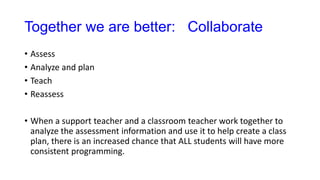 Together we are better: Collaborate
• Assess
• Analyze and plan
• Teach
• Reassess
• When a support teacher and a classroom teacher work together to
analyze the assessment information and use it to help create a class
plan, there is an increased chance that ALL students will have more
consistent programming.
 