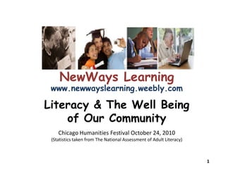 NewWays Learning www.newwayslearning.weebly.com Literacy & The Well Being of Our CommunityChicago Humanities Festival October 24, 2010 (Statistics taken from The National Assessment of Adult Literacy) 1 