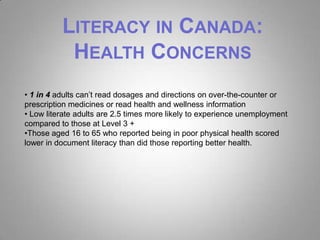 LITERACY IN CANADA:
           HEALTH CONCERNS
• 1 in 4 adults can’t read dosages and directions on over-the-counter or
prescription medicines or read health and wellness information
• Low literate adults are 2.5 times more likely to experience unemployment
compared to those at Level 3 +
•Those aged 16 to 65 who reported being in poor physical health scored
lower in document literacy than did those reporting better health.
 