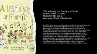 Title: A Family is a Family is a Family
Author: Sarah O’ Leary
Illustrator: Qin Leng
Age group: Pre-k to 2nd grade
A child is afraid to tell her friends about her family at school. However,
after the other kids start talking about their own unique family
situations, the students understand there is no such thing as a
"perfect" family. Instead, each family is unique. This narrative perfectly
conveys that families come in many forms and sizes, with some
having multiracial parents, some having adopted siblings, others
having same sex parents, and yet others having divorced parents.
This book would be ideal for opening a unit on families, having
students compare and contrast different family arrangements, or even
making a text-to-self and text-to-world link on what students know
about families and why they feel theirs is unique. This book is
inclusive in insuring that children see themselves in different ways.
 