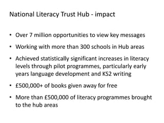 National Literacy Trust Hub - impact
• Over 7 million opportunities to view key messages
• Working with more than 300 schools in Hub areas
• Achieved statistically significant increases in literacy
levels through pilot programmes, particularly early
years language development and KS2 writing
• £500,000+ of books given away for free
• More than £500,000 of literacy programmes brought
to the hub areas
 