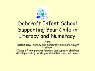 Dobcroft Infant School
Supporting Your Child in
Literacy and Numeracy.
Aims
•Explain how literacy and numeracy skills are taught
in school.
•Ideas of how parents/carers can support children
develop reading, writing and number skills at home.
 