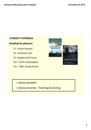Literacy briefing Sept 2014.notebook 
4 
November 03, 2014 
LITERACY TUTORIALS 
Reading for pleasure 
Y7 ‐ Private Peaceful 
Y8 ‐ A Monster Calls 
Y9 ‐ Noughts and Crosses 
Y10 ‐ To Kill a Mockingbird 
Y11 ‐ 1984 ‐George Orwell 
+ Literacy booklets 
+ Literacy tutorials ‐ Teaching & Learning 
 