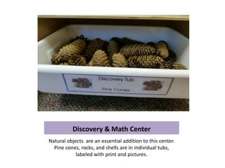 Discovery & Math Center
Natural objects are an essential addition to this center.
  Pine cones, rocks, and shells are in individual tubs,
            labeled with print and pictures.
 