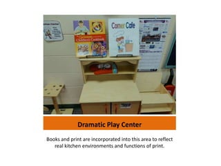 Dramatic Play Center
Books and print are incorporated into this area to reflect
   real kitchen environments and functions of print.
 