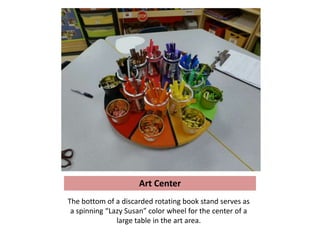 Art Center
The bottom of a discarded rotating book stand serves as
 a spinning “Lazy Susan” color wheel for the center of a
               large table in the art area.
 
