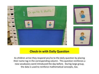 Check-in with Daily Question
 As children arrive they respond yes/no to the daily question by placing
their name tag in the corresponding column. This question reinforces a
 new vocabulary word introduced the day before. During large group,
        the data is used to reinforce mathematical concepts, too.
 