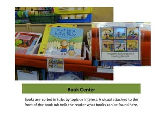 Book Center
Books are sorted in tubs by topic or interest. A visual attached to the
front of the book tub tells the reader what books can be found here.
 