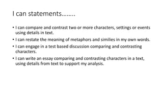 I can statements…….. 
• I can compare and contrast two or more characters, settings or events 
using details in text. 
• I can restate the meaning of metaphors and similies in my own words. 
• I can engage in a test based discussion comparing and contrasting 
characters. 
• I can write an essay comparing and contrasting characters in a text, 
using details from text to support my analysis. 
 