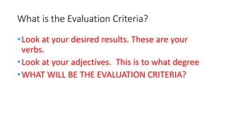 What is the Evaluation Criteria? 
•Look at your desired results. These are your 
verbs. 
•Look at your adjectives. This is to what degree 
•WHAT WILL BE THE EVALUATION CRITERIA? 
 